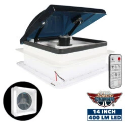 14" X 14" RV Roof Vent 2-Way 6 Speed Fan With Powered Riser Rain Sensor Led Remote And Smoked Lid