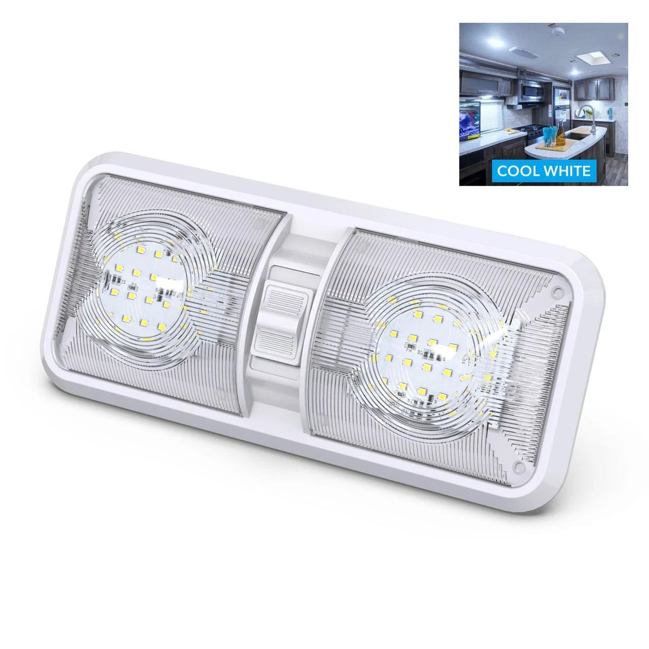 Leisure LED RV LED Ceiling Double Dome Interior Light Fixture with ON/Off Switch Cool White 6000-6500K 48-2835SMD Leisure LED RV LED Ceiling Double Dome Interior Light Fixture With ON/Off Switch Cool White 6000-6500K 48-2835SMD -RV accessories leisure led rv led ceiling double dome interior light fixture with onoff switch cool white 6000 6500k 48 2835smd 20308.1672450865